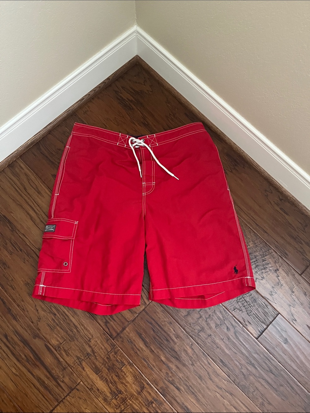 Polo by Ralph Lauren Red Men’s Swim Board Shorts with White Drawstring